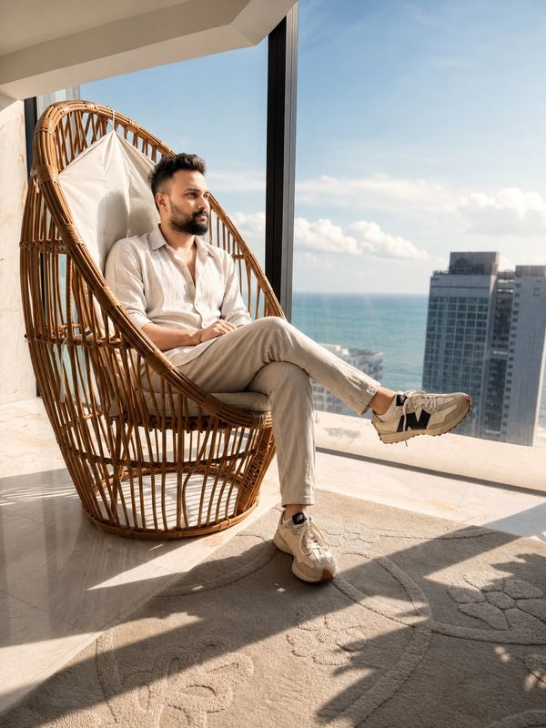 Heshan in a rattan chair by a high window, the ocean and the city behind him.